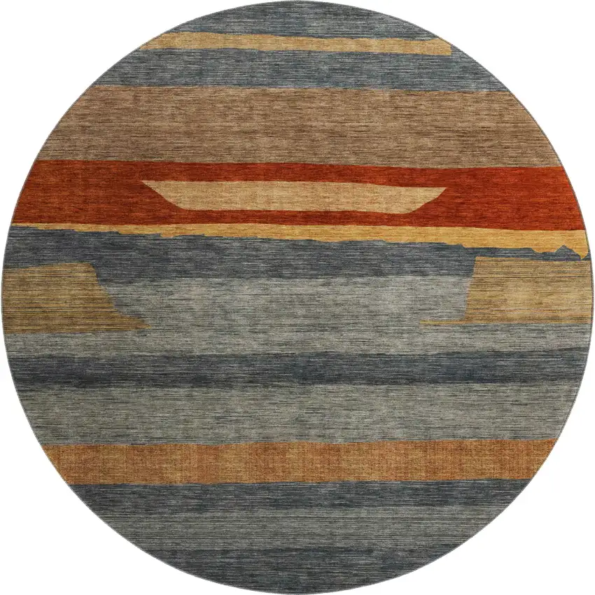 8' Blue Rust And Gold Striped Washable Round Rug With UV Protection Photo 1