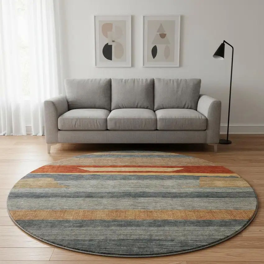 8' Blue Rust And Gold Striped Washable Round Rug With UV Protection Photo 2