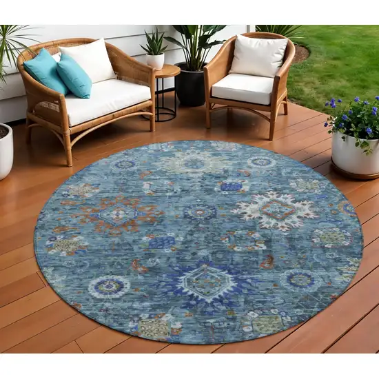 8' Blue Rust And Gray Round Floral Medallion Washable Indoor Outdoor Area Rug Photo 2