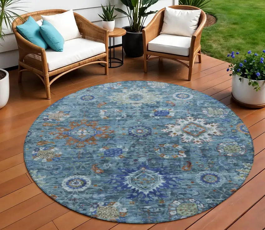 8' Blue Rust And Gray Round Floral Medallion Washable Indoor Outdoor Area Rug Photo 2