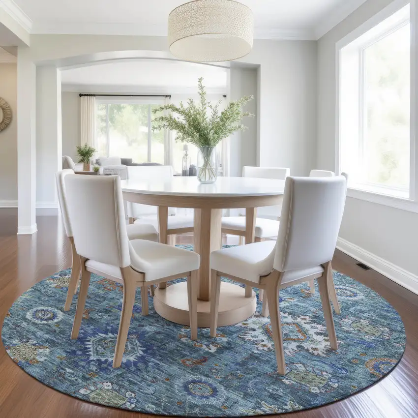 8' Blue Rust And Gray Round Floral Medallion Washable Indoor Outdoor Area Rug Photo 6