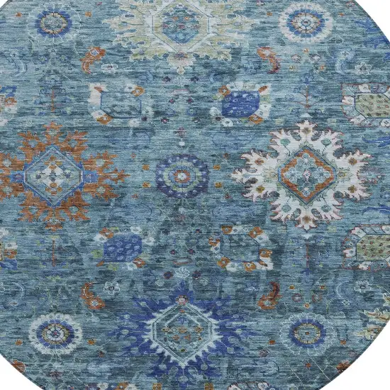 8' Blue Rust And Gray Round Floral Medallion Washable Indoor Outdoor Area Rug Photo 8