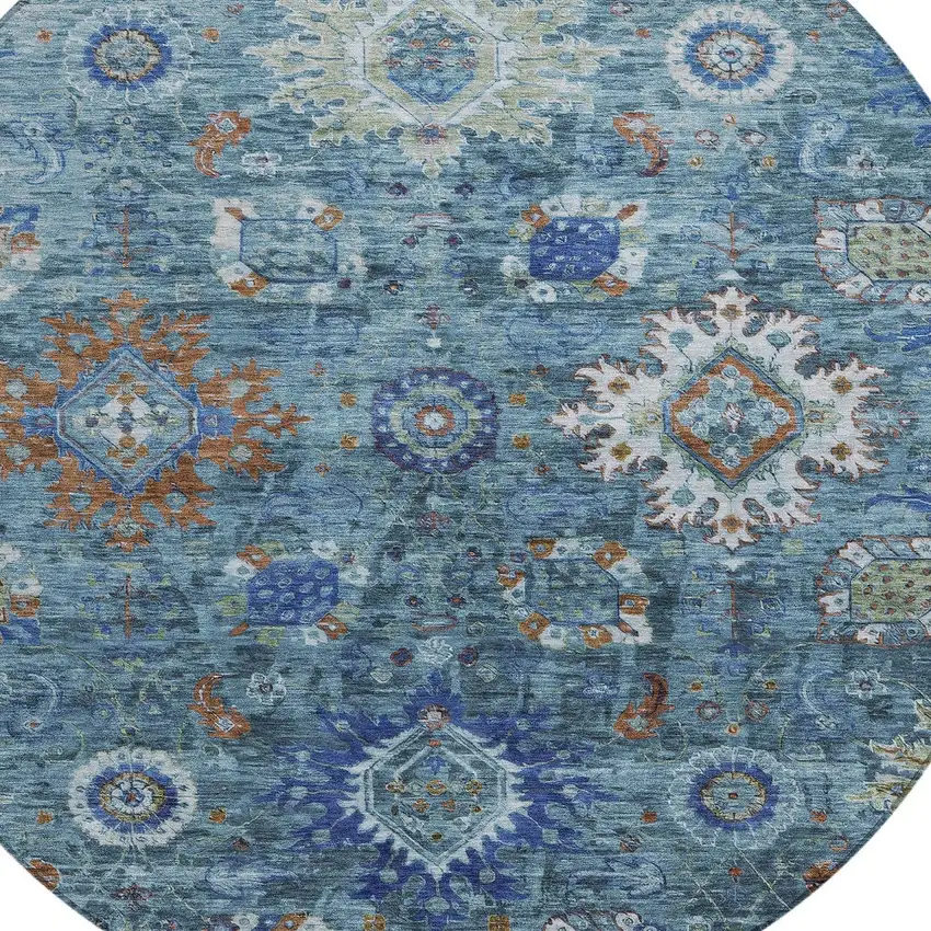 8' Blue Rust And Gray Round Floral Medallion Washable Indoor Outdoor Area Rug Photo 8