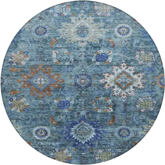 8' Blue Rust And Gray Round Floral Medallion Washable Indoor Outdoor Area Rug Photo 1