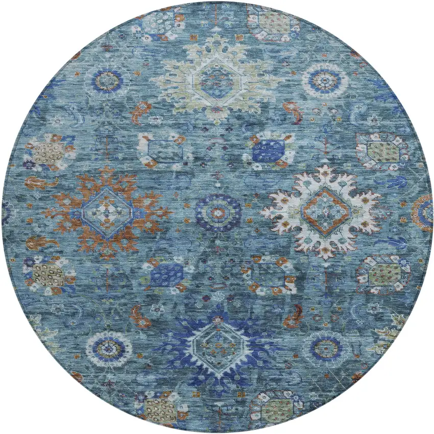 8' Blue Rust And Gray Round Floral Medallion Washable Indoor Outdoor Area Rug Photo 1