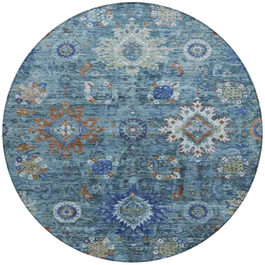 8' Blue Rust And Gray Round Floral Medallion Washable Indoor Outdoor Area Rug Photo 3