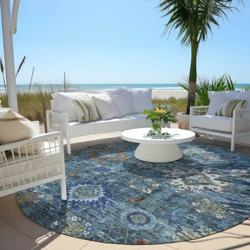 8' Blue Rust And Gray Round Floral Medallion Washable Indoor Outdoor Area Rug Photo 5