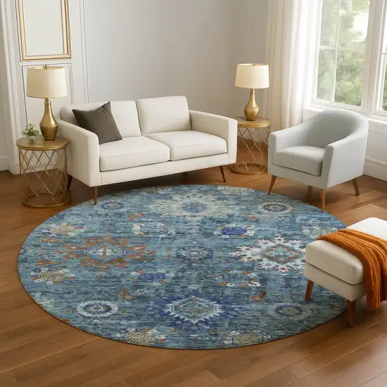 8' Blue Rust And Ivory Oriental Washable Round Rug With UV Protection Photo 5