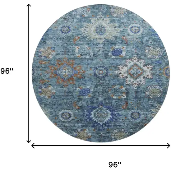 8' Blue Rust And Ivory Oriental Washable Round Rug With UV Protection Photo 9