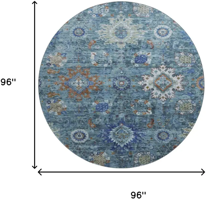 8' Blue Rust And Ivory Oriental Washable Round Rug With UV Protection Photo 9