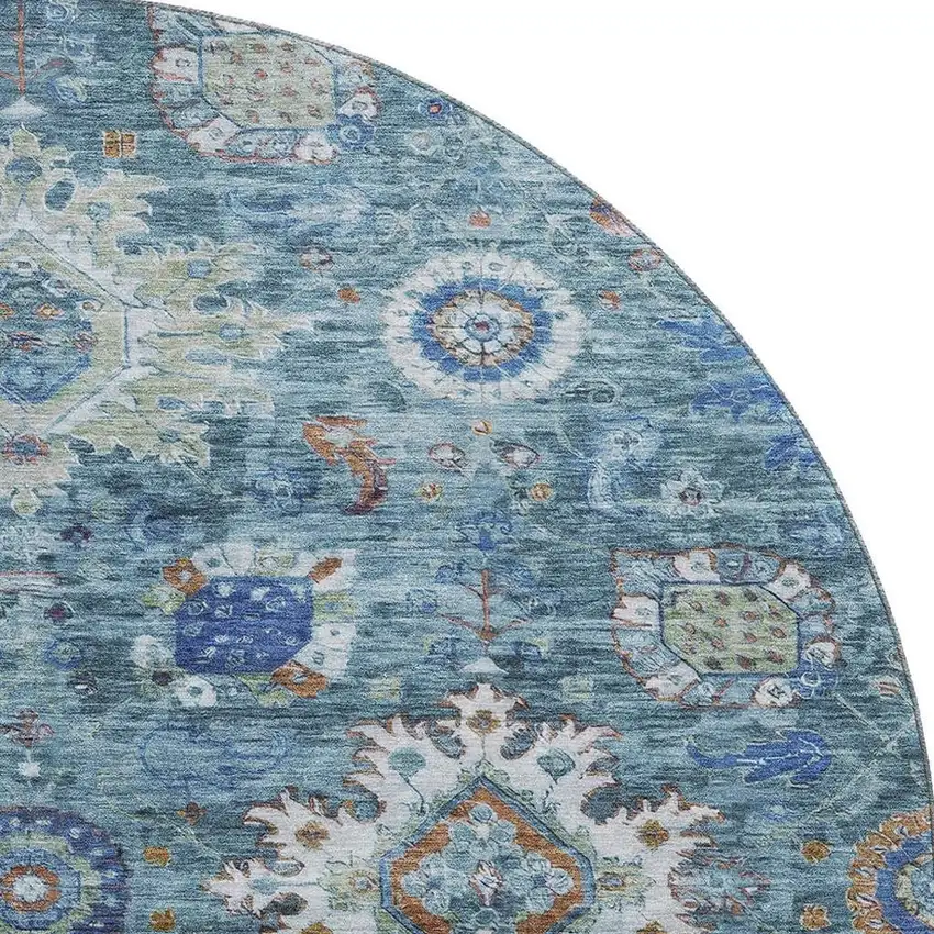 8' Blue Rust And Ivory Oriental Washable Round Rug With UV Protection Photo 4