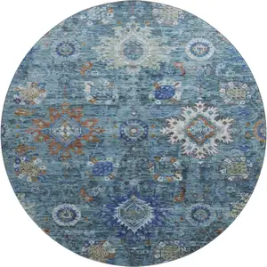 Photo of 8' Blue Rust And Ivory Oriental Washable Round Rug With UV Protection