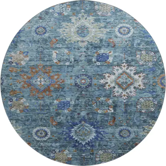 8' Blue Rust And Ivory Oriental Washable Round Rug With UV Protection Photo 1