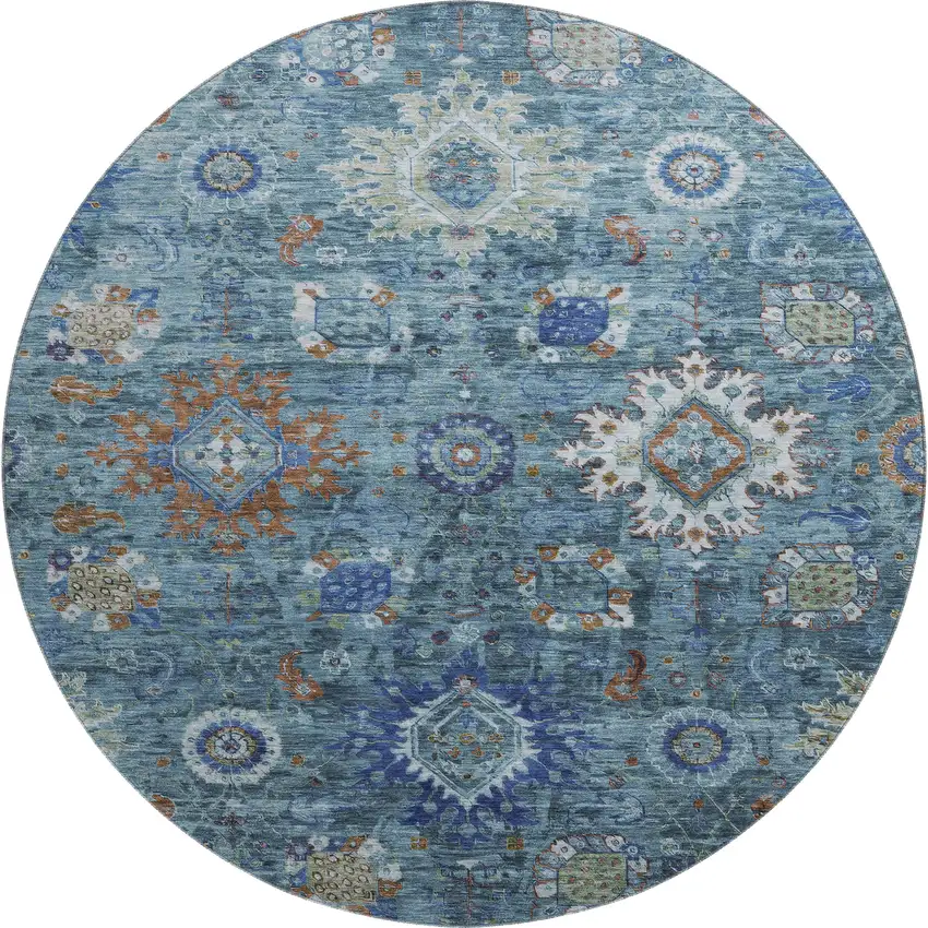 8' Blue Rust And Ivory Oriental Washable Round Rug With UV Protection Photo 1