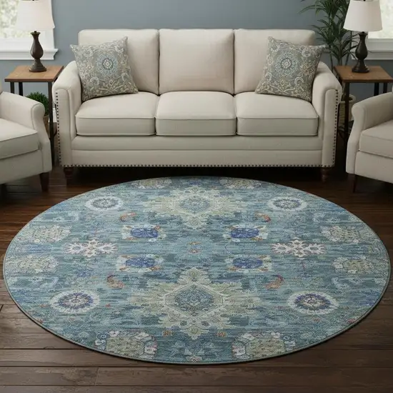 8' Blue Rust And Ivory Oriental Washable Round Rug With UV Protection Photo 2