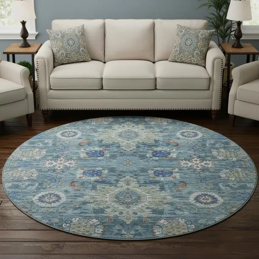 8' Blue Rust And Ivory Oriental Washable Round Rug With UV Protection Photo 2