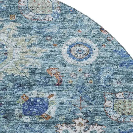 8' Blue Rust And Ivory Oriental Washable Round Rug With UV Protection Photo 3