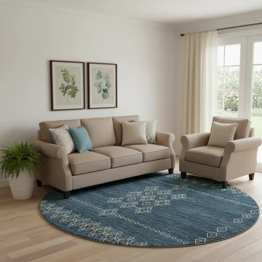 8' Blue Rust And Ivory Tribal Washable Round Rug With UV Protection Photo 1