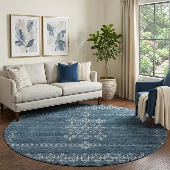 8' Blue Rust And Ivory Tribal Washable Round Rug With UV Protection Photo 1