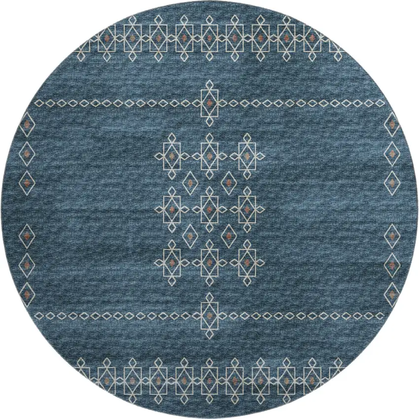 8' Blue Rust And Ivory Tribal Washable Round Rug With UV Protection Photo 2