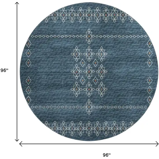 8' Blue Rust And Ivory Tribal Washable Round Rug With UV Protection Photo 3