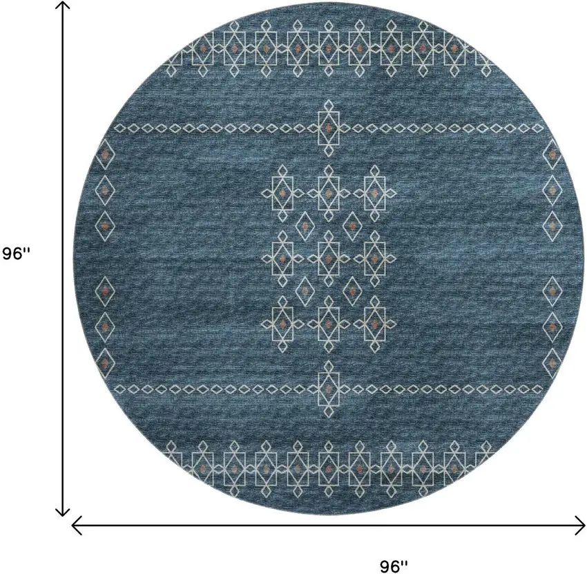 8' Blue Rust And Ivory Tribal Washable Round Rug With UV Protection Photo 3