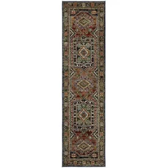 8' Blue Rust And Light Brown Tribal Runner Rug Photo 2