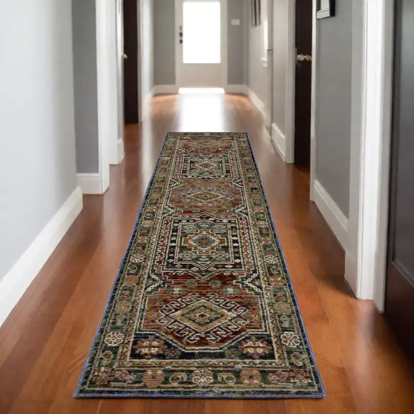 8' Blue Rust And Light Brown Tribal Runner Rug Photo 1