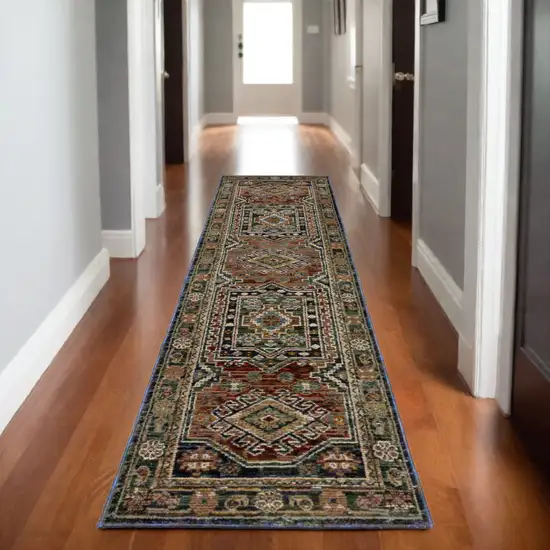 8' Blue Rust And Light Brown Tribal Runner Rug Photo 1