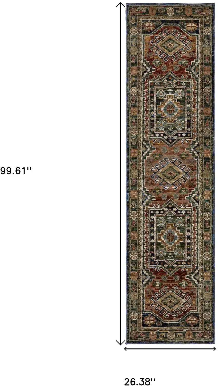 8' Blue Rust And Light Brown Tribal Runner Rug Photo 3