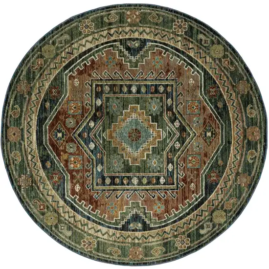 8' Blue Rust And Orange Tribal Round Rug Photo 2