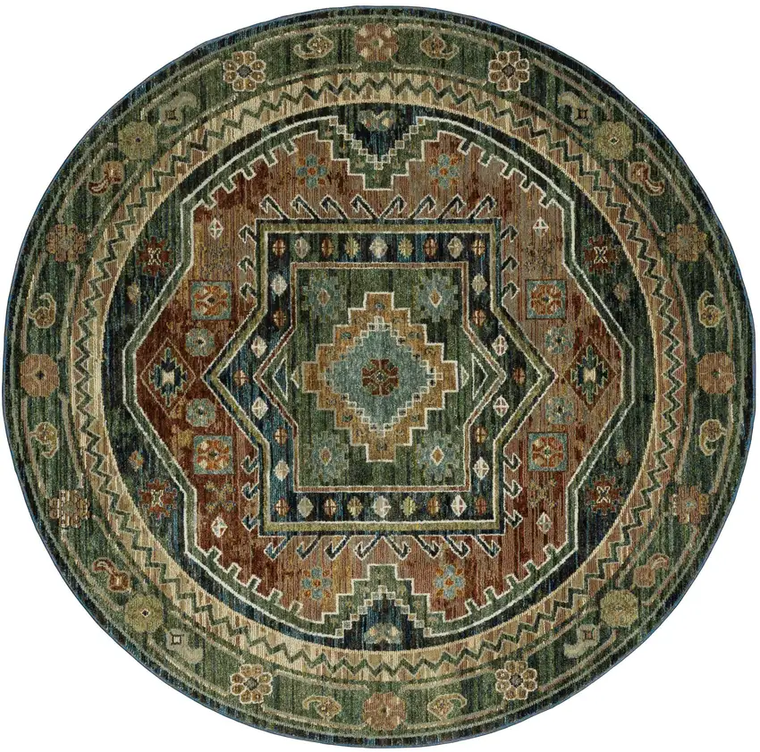 8' Blue Rust And Orange Tribal Round Rug Photo 2