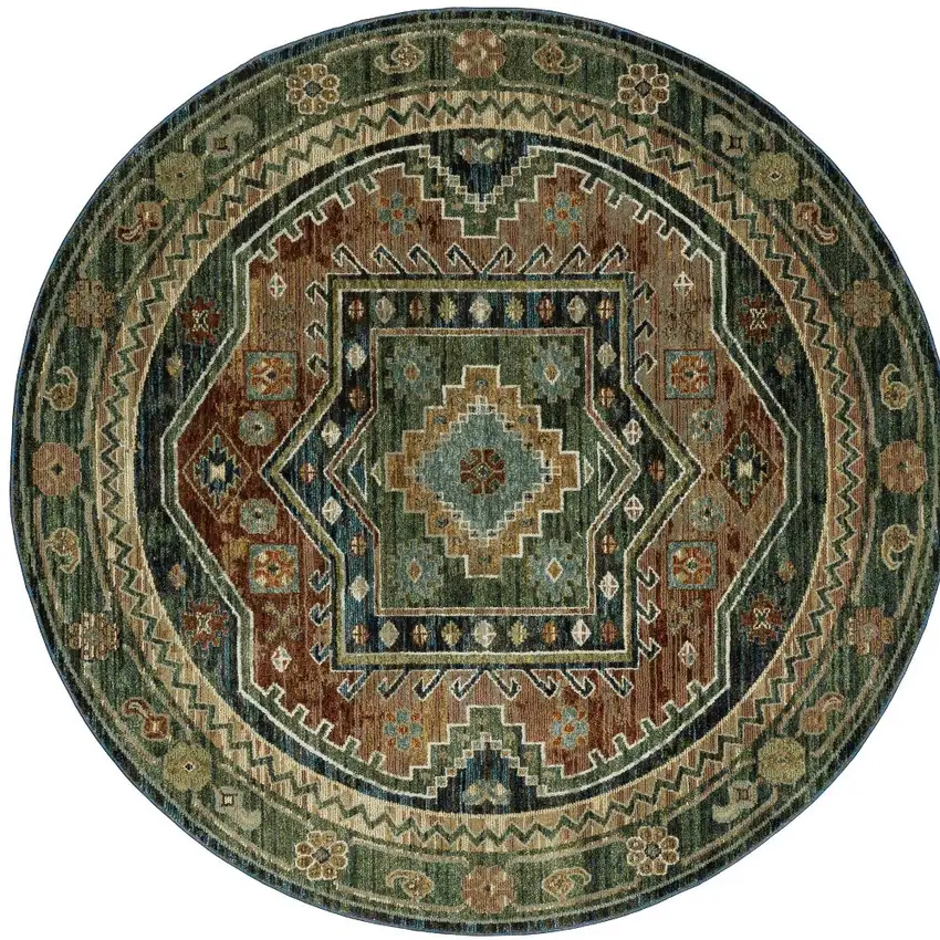 8' Blue Rust And Orange Tribal Round Rug Photo 4