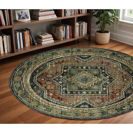8' Blue Rust And Orange Tribal Round Rug Photo 1