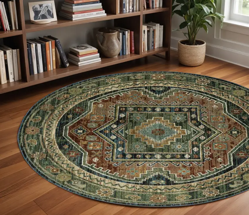 8' Blue Rust And Orange Tribal Round Rug Photo 1
