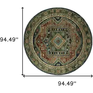 Photo of 8' Blue Rust And Orange Tribal Round Rug