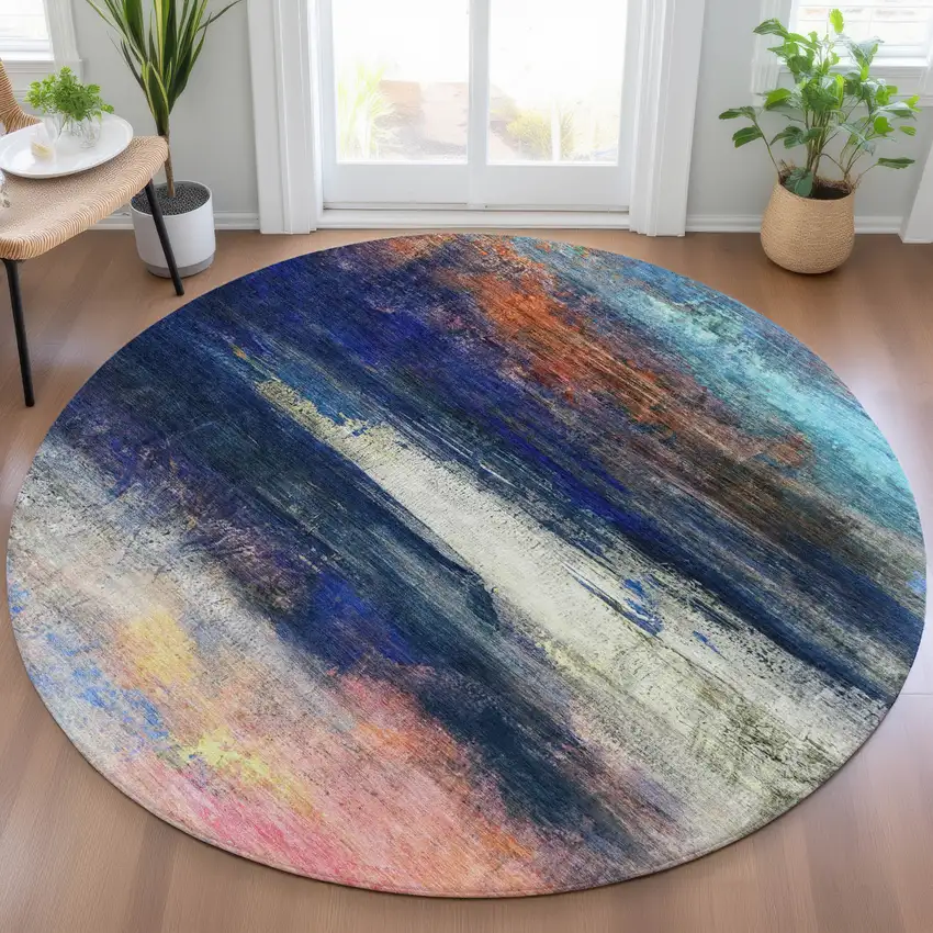 8' Blue Rust And Pink Round Abstract Washable Indoor Outdoor Area Rug Photo 5