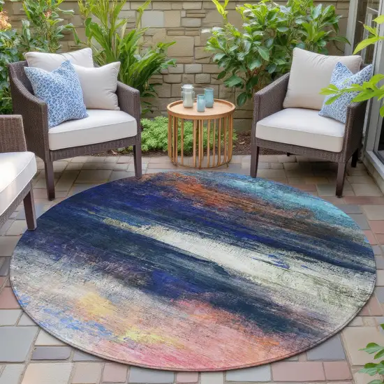 8' Blue Rust And Pink Round Abstract Washable Indoor Outdoor Area Rug Photo 6