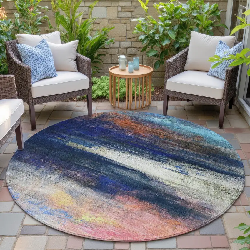 8' Blue Rust And Pink Round Abstract Washable Indoor Outdoor Area Rug Photo 6