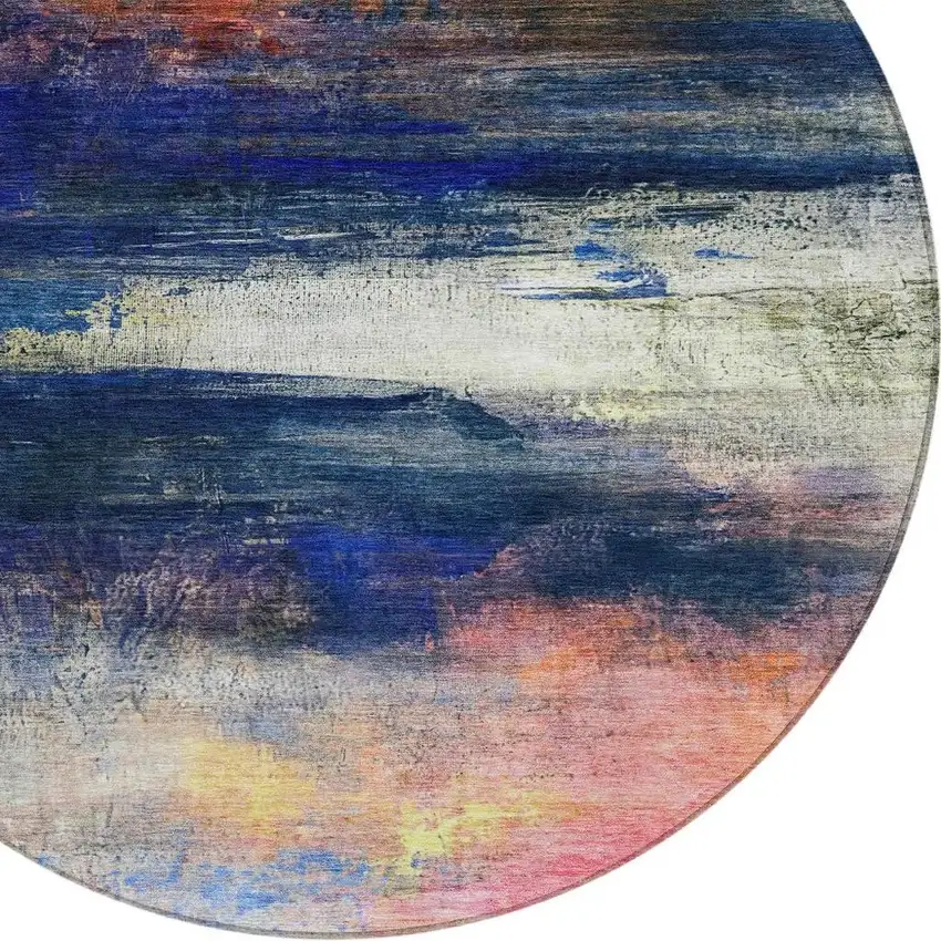 8' Blue Rust And Pink Round Abstract Washable Indoor Outdoor Area Rug Photo 9