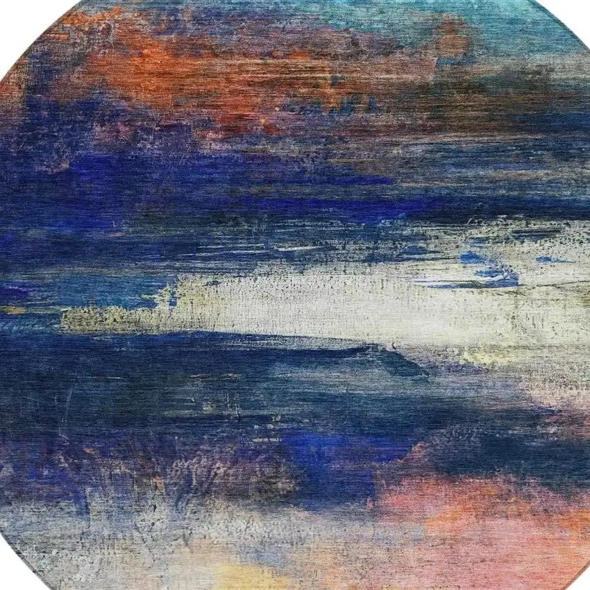 8' Blue Rust And Pink Round Abstract Washable Indoor Outdoor Area Rug Photo 4