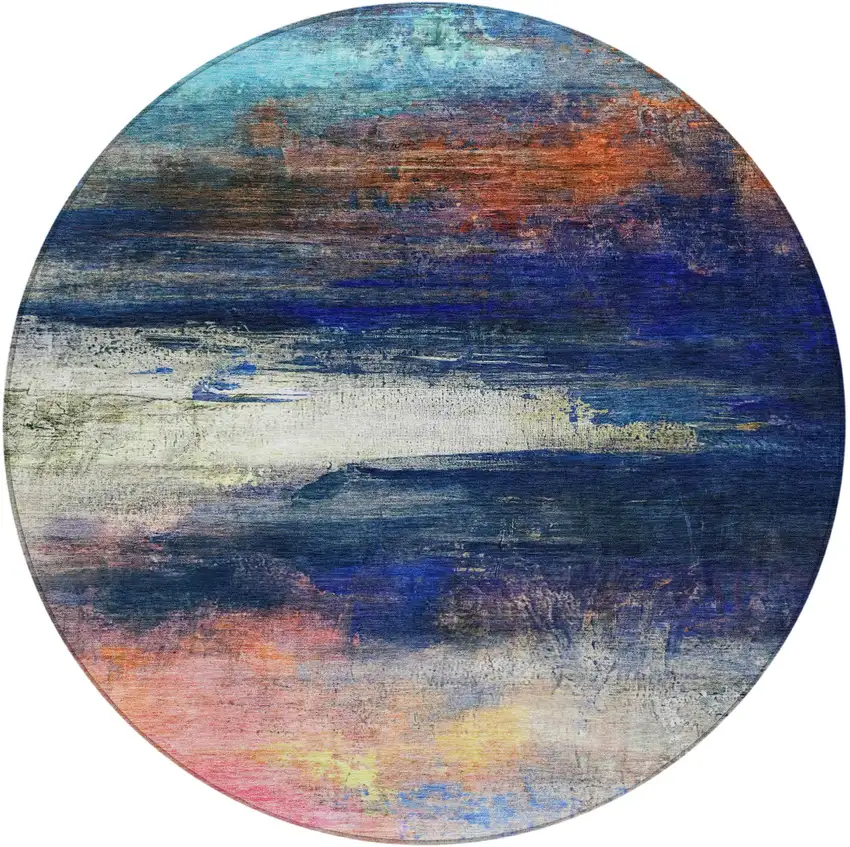 8' Blue Rust And Pink Round Abstract Washable Indoor Outdoor Area Rug Photo 3