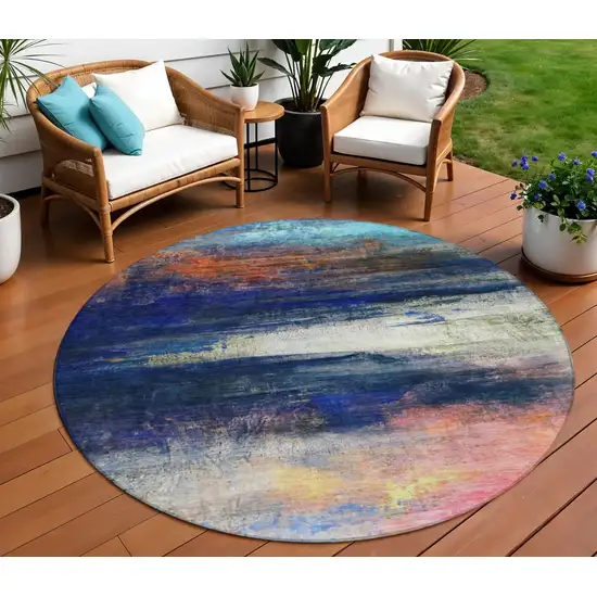 8' Blue Rust And Pink Round Abstract Washable Indoor Outdoor Area Rug Photo 2