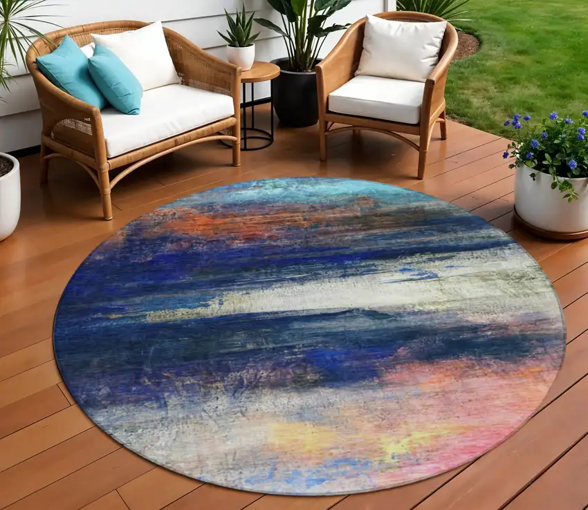 8' Blue Rust And Pink Round Abstract Washable Indoor Outdoor Area Rug Photo 2