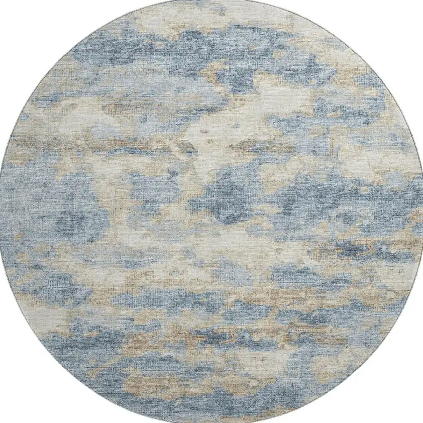 8' Blue Silver And Gold Abstract Washable Round Rug With UV Protection Photo 5