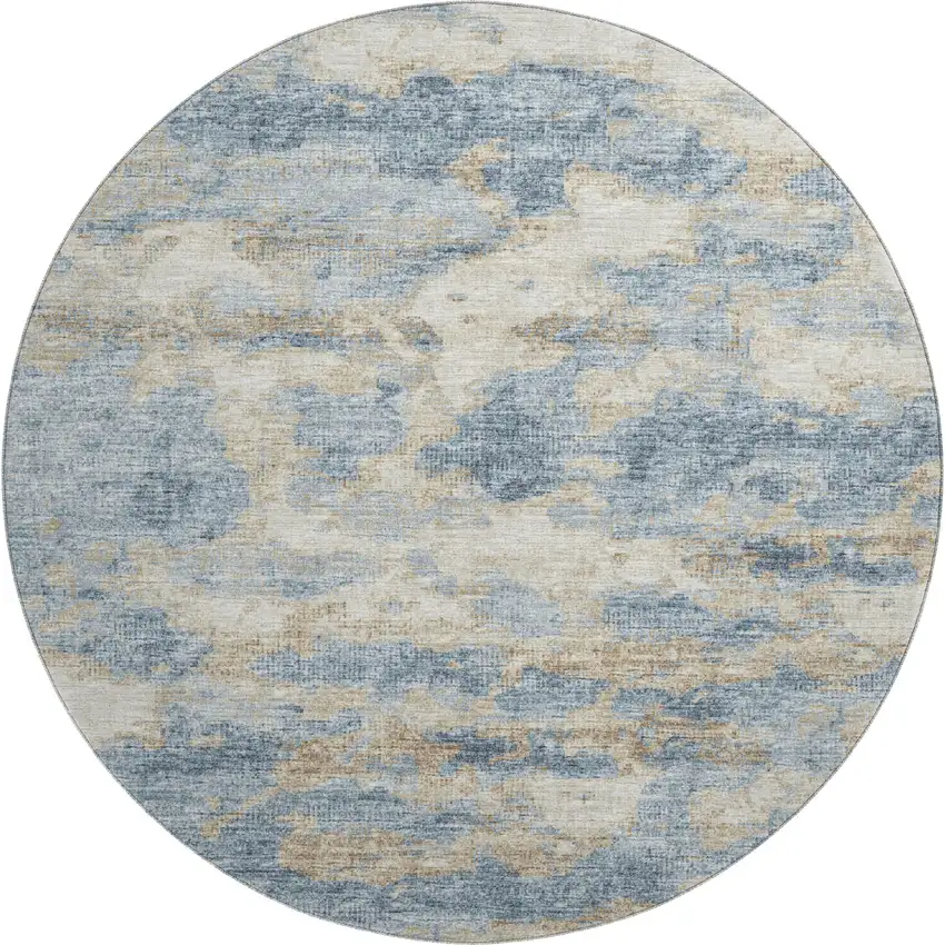 8' Blue Silver And Gold Abstract Washable Round Rug With UV Protection Photo 2