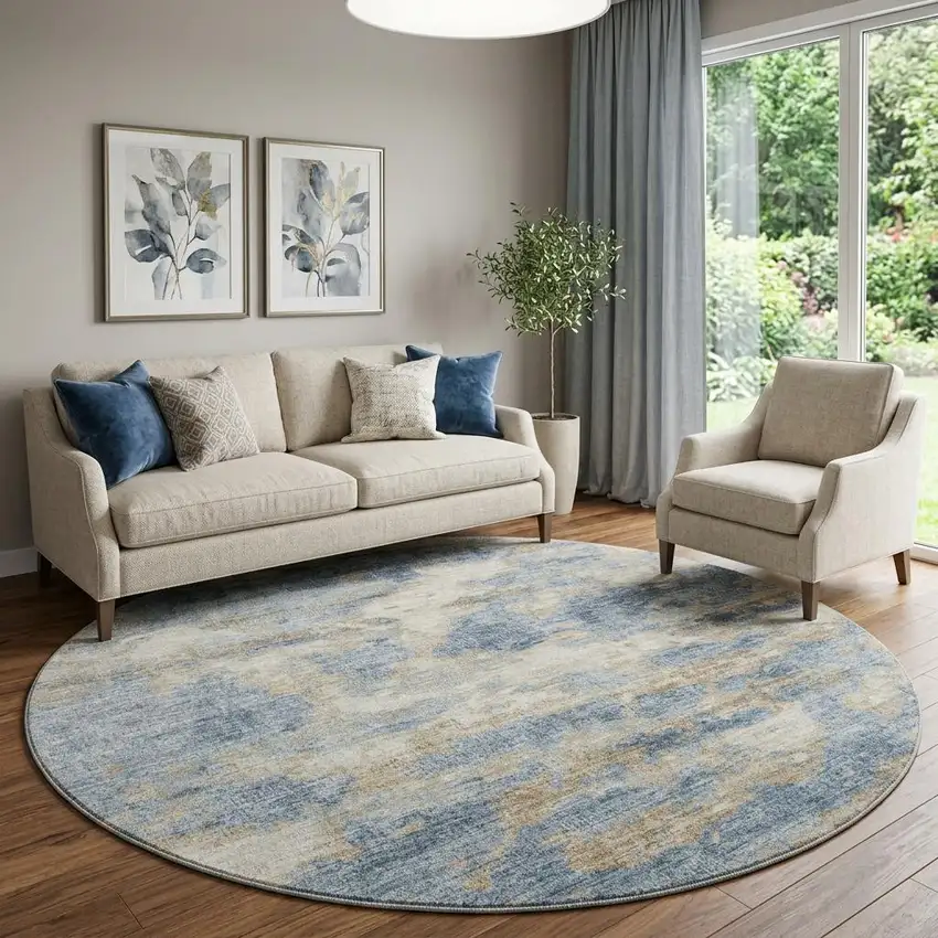 8' Blue Silver And Gold Abstract Washable Round Rug With UV Protection Photo 1