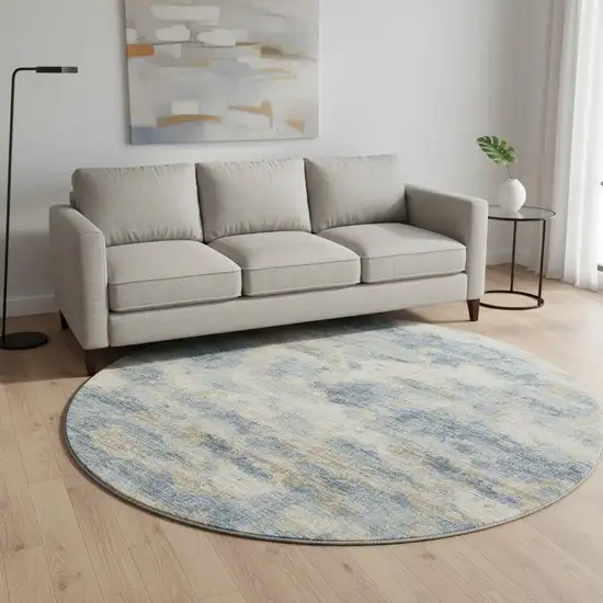 8' Blue Silver And Gold Abstract Washable Round Rug With UV Protection Photo 1