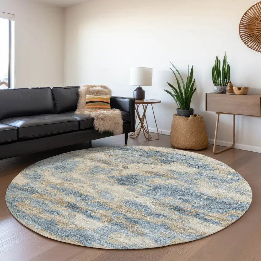 8' Blue Silver And Gold Abstract Washable Round Rug With UV Protection Photo 6
