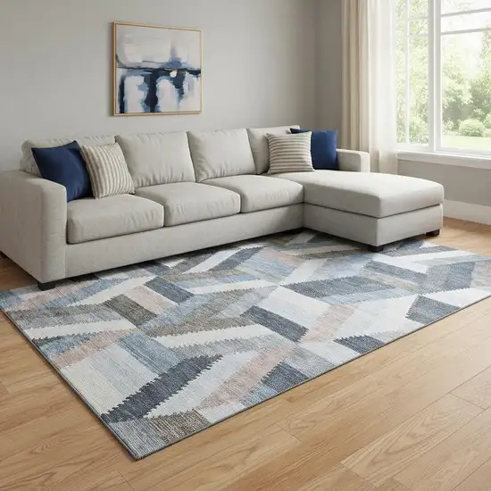 8' Blue Silver And Gray Geometric Washable Area Rug With UV Protection Photo 2